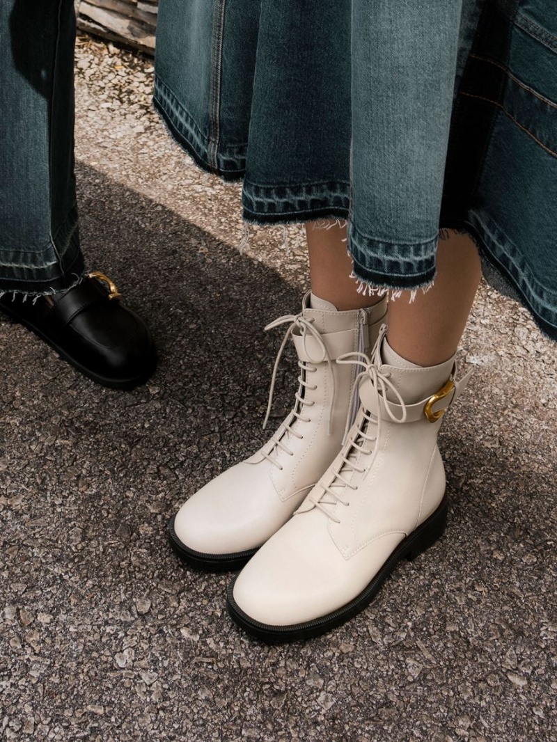 Charles And Keith Gabine Leather Lace-Up Ankle Boots White | PHILIPPINES B590