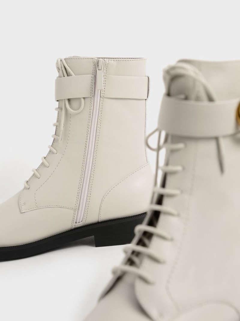 Charles And Keith Gabine Leather Lace-Up Ankle Boots White | PHILIPPINES B590