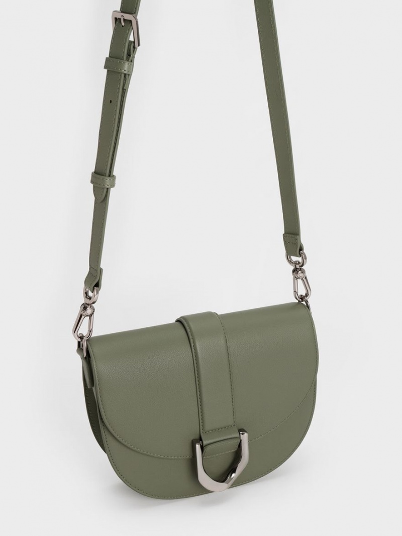 Charles And Keith Gabine Leather Saddle Bags Olive | PHILIPPINES V149