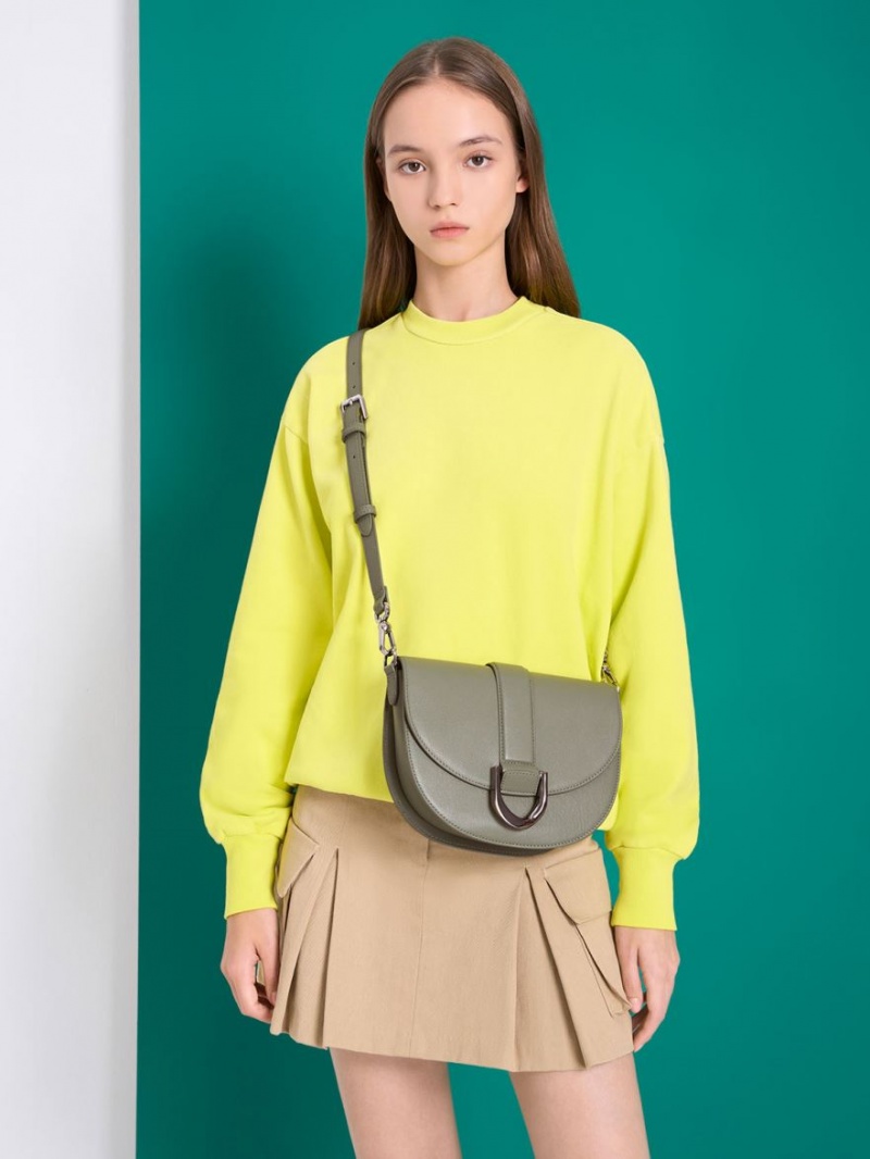 Charles And Keith Gabine Leather Saddle Bags Olive | PHILIPPINES V149