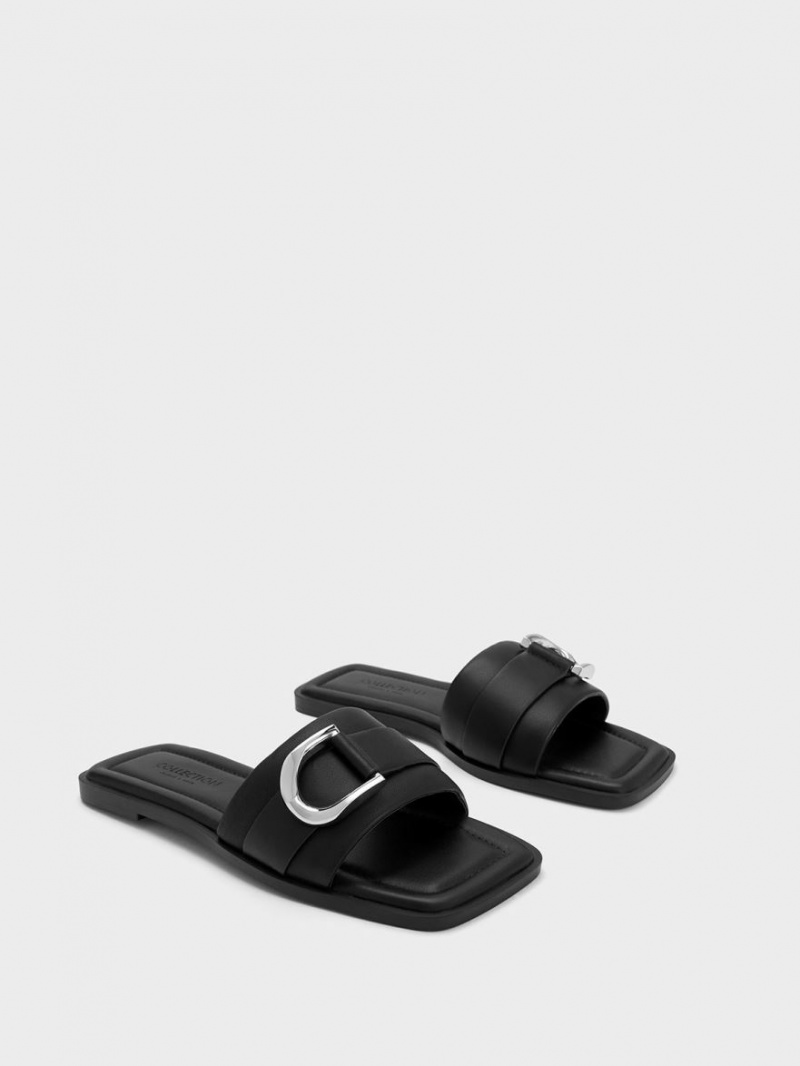 Charles And Keith Gabine Leather Slide Sandals Black | PHILIPPINES R198