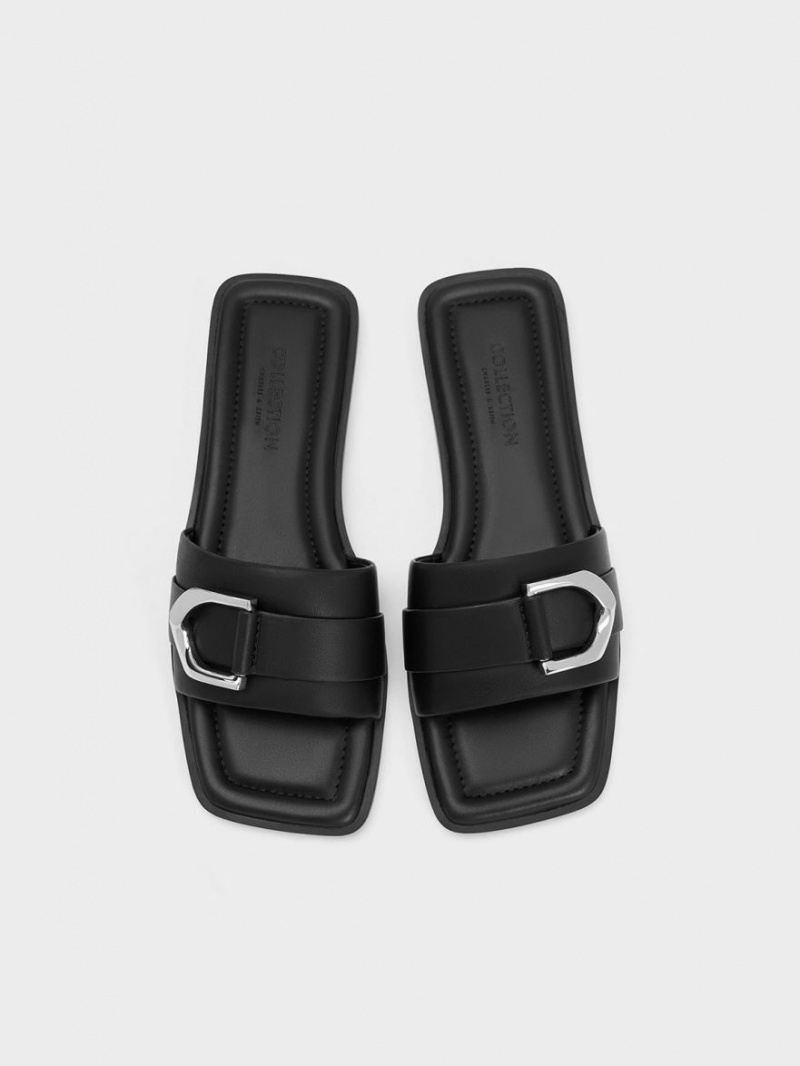 Charles And Keith Gabine Leather Slide Sandals Black | PHILIPPINES R198