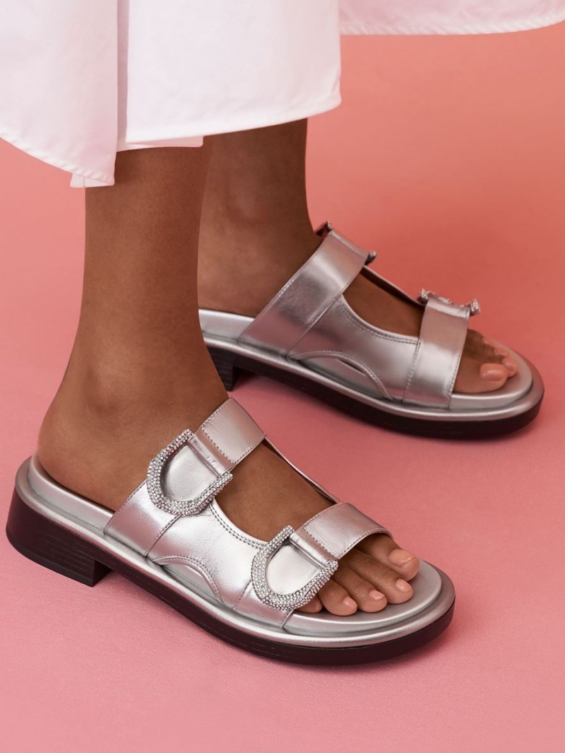 Charles And Keith Gabine Leather Slides Silver | PHILIPPINES Q685