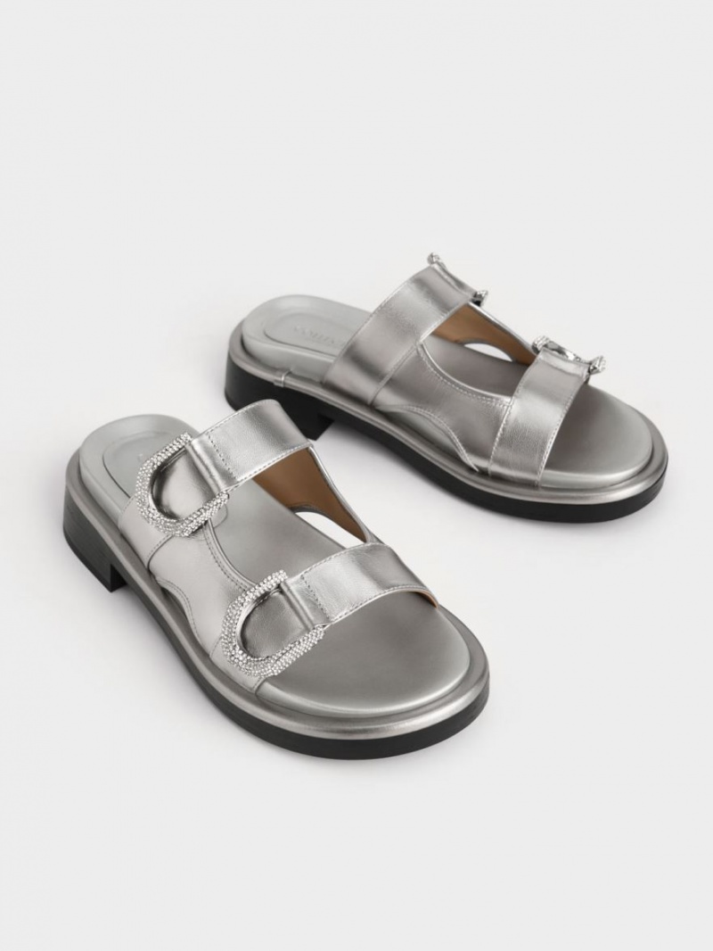 Charles And Keith Gabine Leather Slides Silver | PHILIPPINES Q685