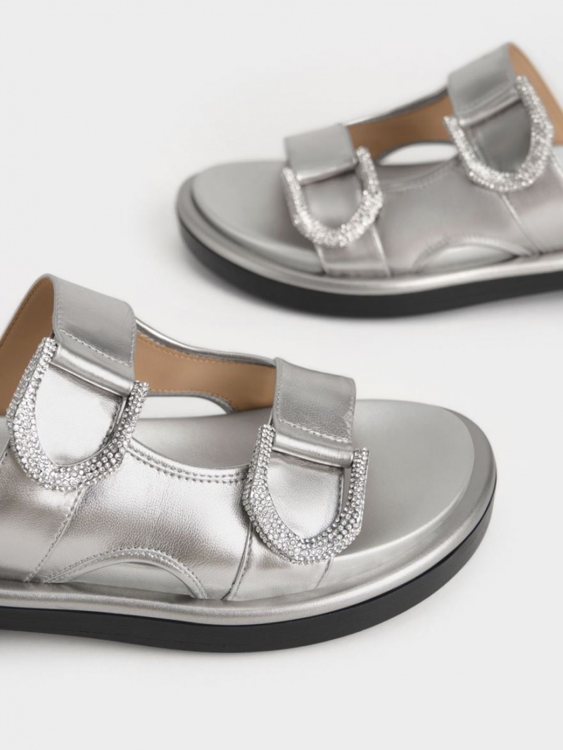 Charles And Keith Gabine Leather Slides Silver | PHILIPPINES Q685