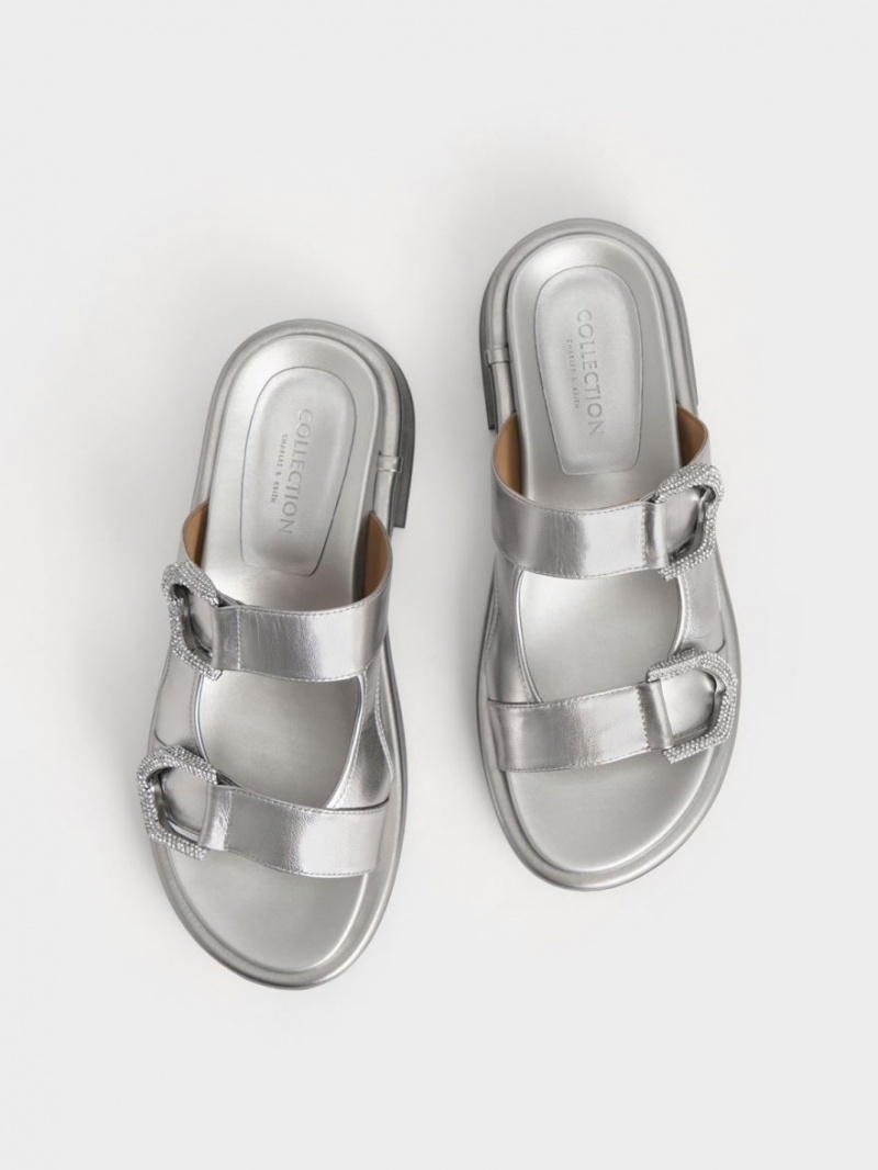 Charles And Keith Gabine Leather Slides Silver | PHILIPPINES Q685