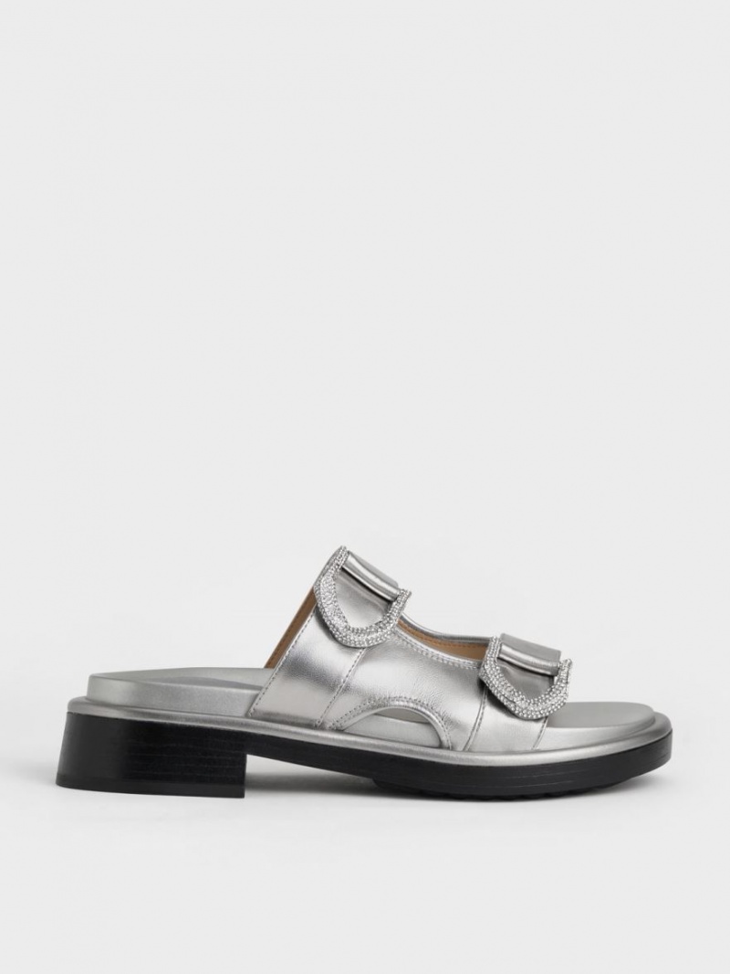 Charles And Keith Gabine Leather Slides Silver | PHILIPPINES Q685