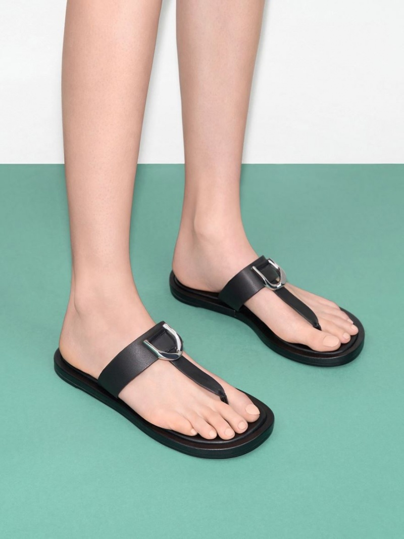 Charles And Keith Gabine Leather Thong Flat Sandals Black | PHILIPPINES N372