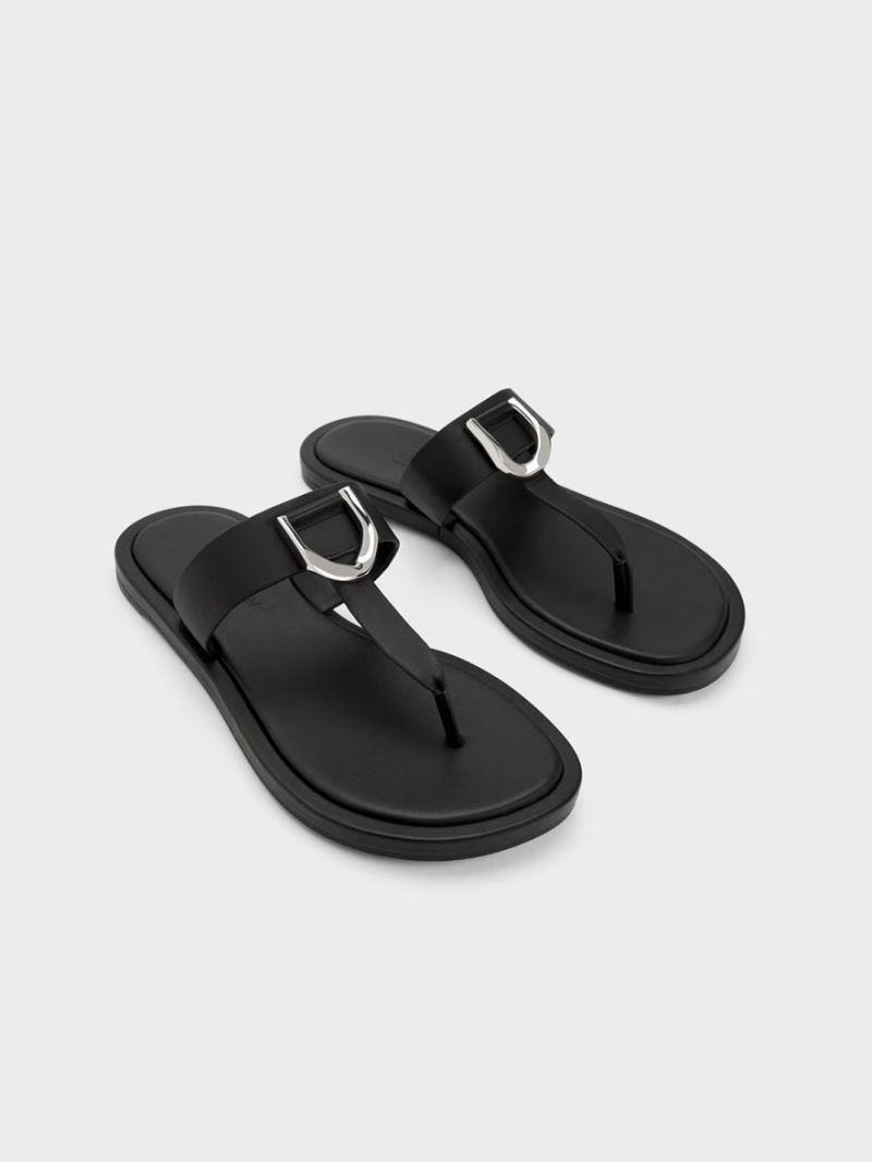 Charles And Keith Gabine Leather Thong Flat Sandals Black | PHILIPPINES N372