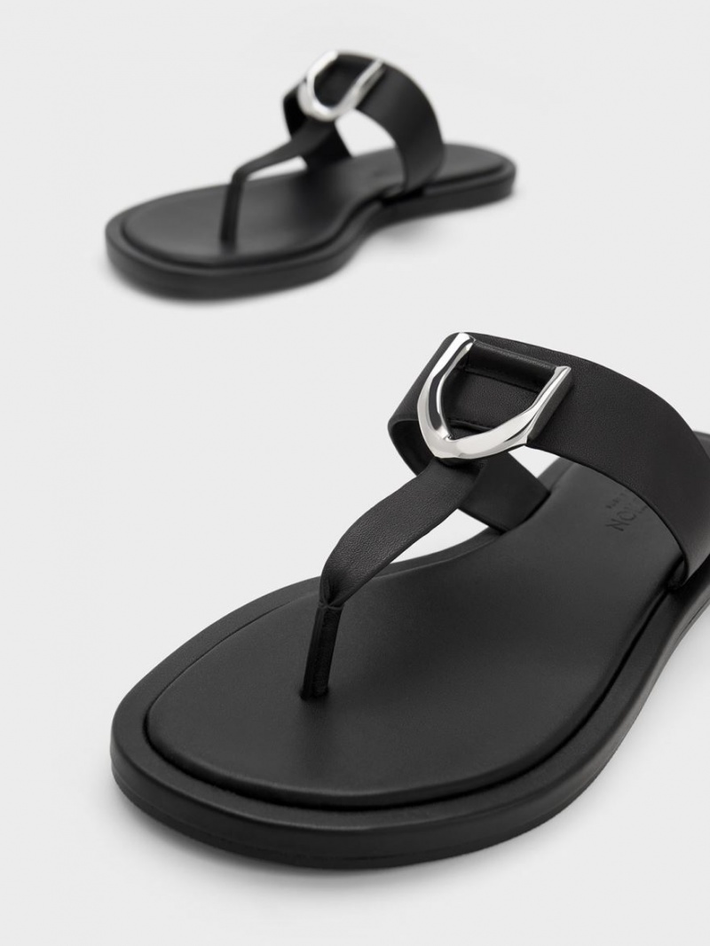 Charles And Keith Gabine Leather Thong Flat Sandals Black | PHILIPPINES N372