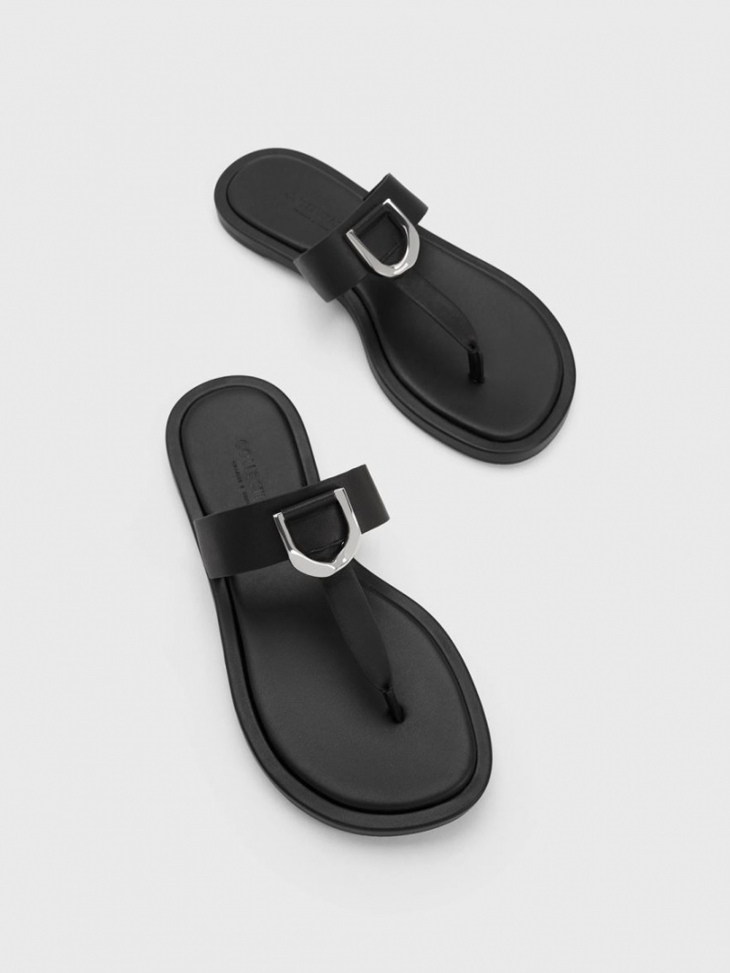 Charles And Keith Gabine Leather Thong Flat Sandals Black | PHILIPPINES N372