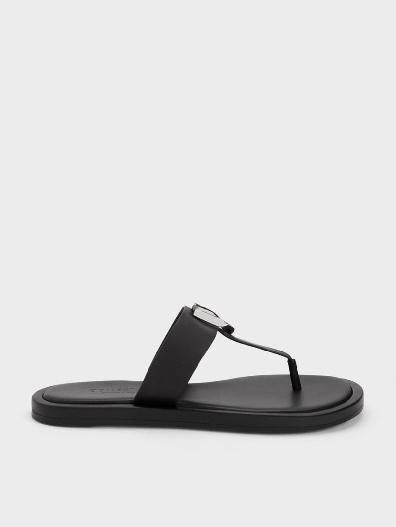 Charles And Keith Gabine Leather Thong Flat Sandals Black | PHILIPPINES N372