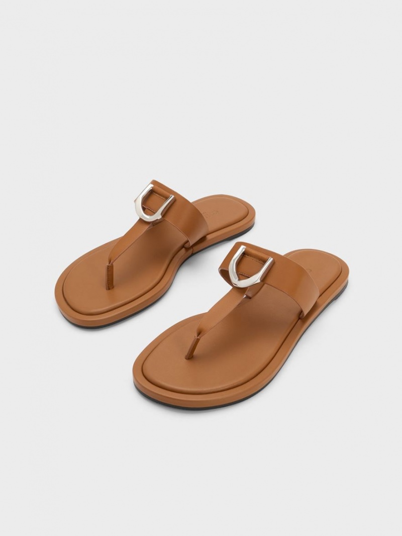 Charles And Keith Gabine Leather Thong Flat Sandals Brown | PHILIPPINES P576