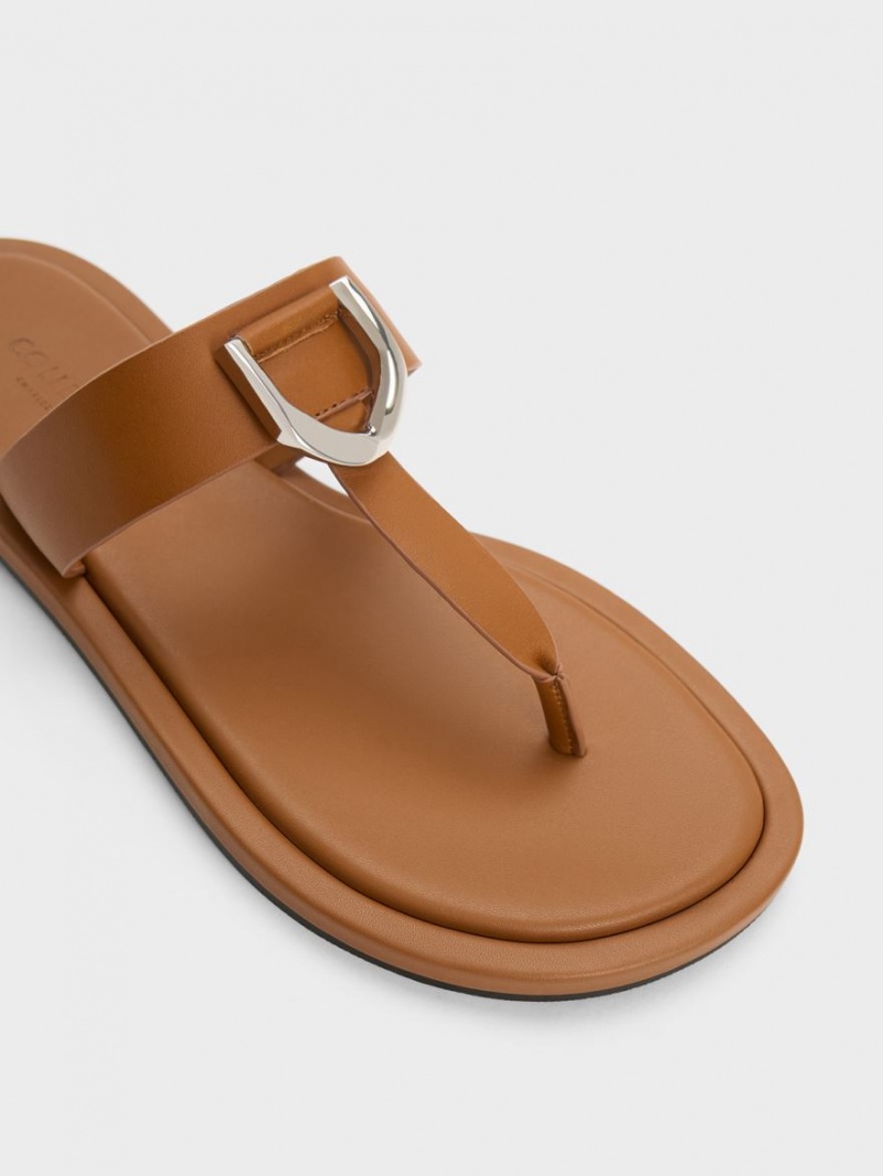 Charles And Keith Gabine Leather Thong Flat Sandals Brown | PHILIPPINES P576