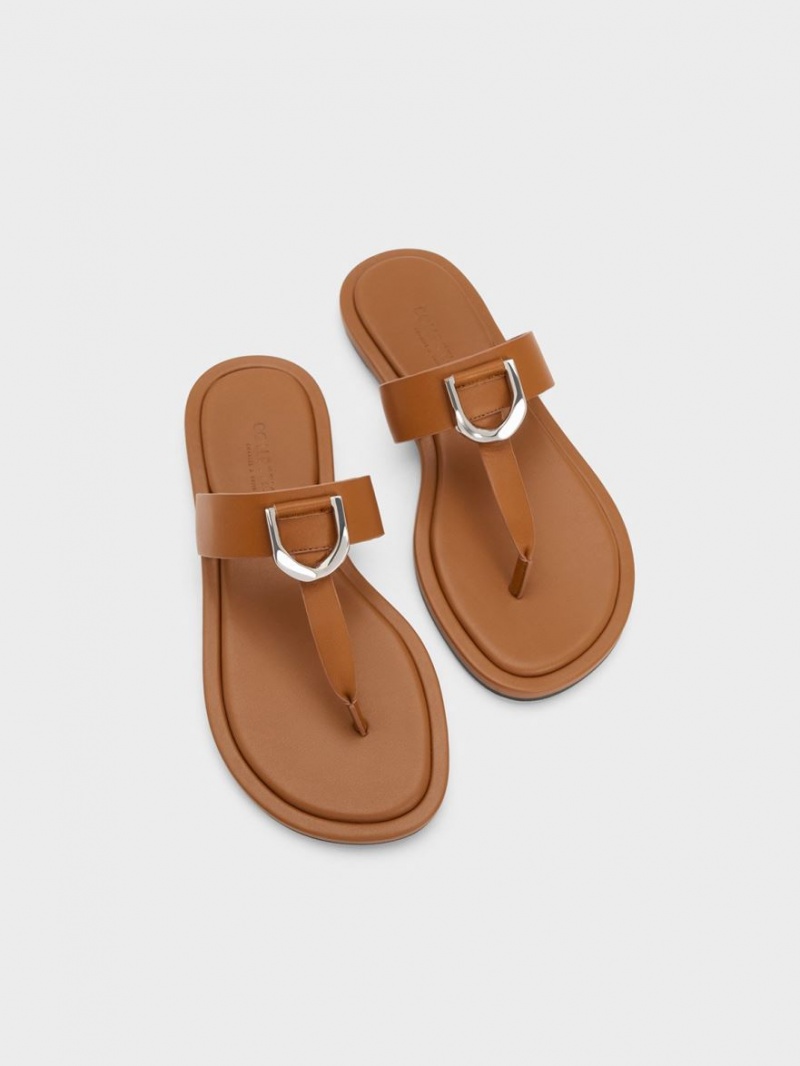 Charles And Keith Gabine Leather Thong Flat Sandals Brown | PHILIPPINES P576