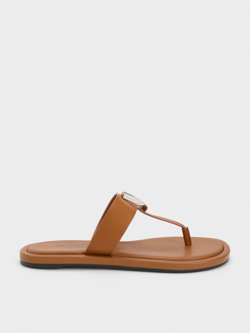 Charles And Keith Gabine Leather Thong Flat Sandals Brown | PHILIPPINES P576