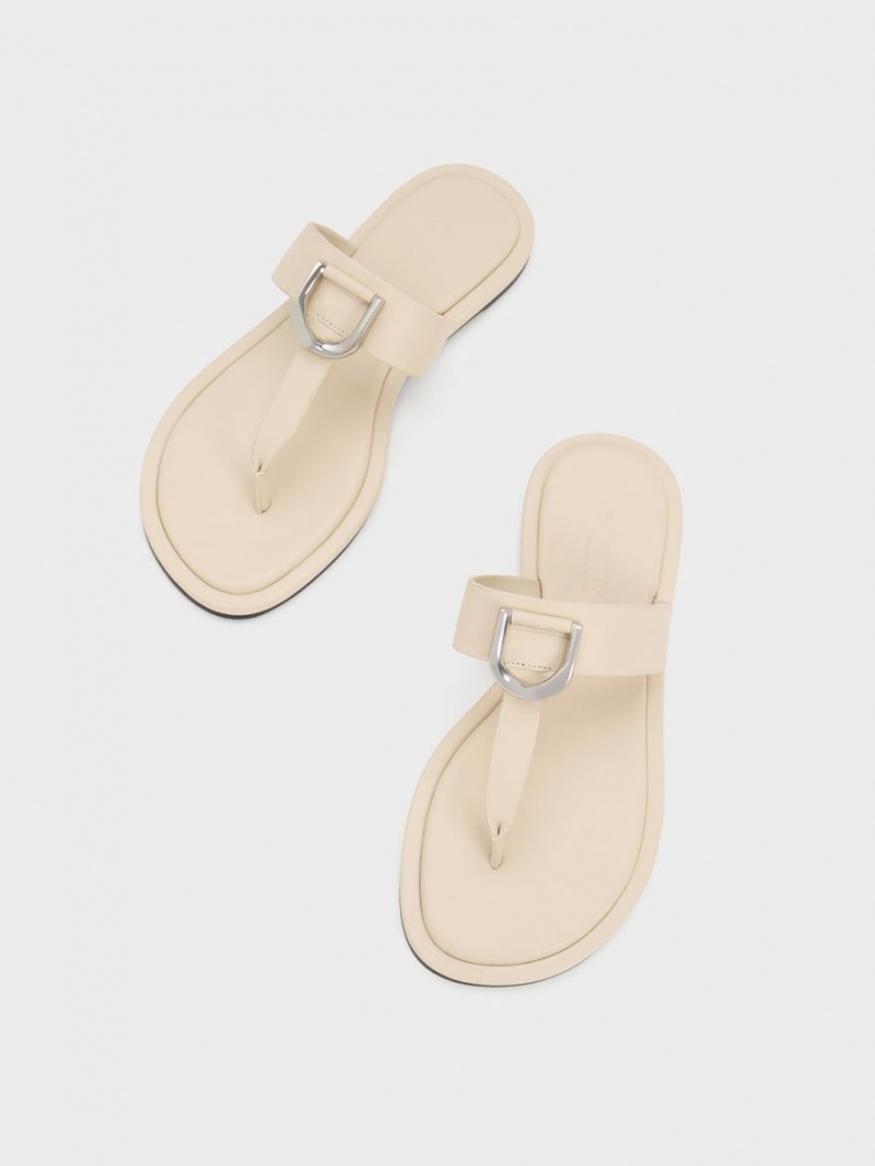 Charles And Keith Gabine Leather Thong Flat Sandals Cream | PHILIPPINES D289