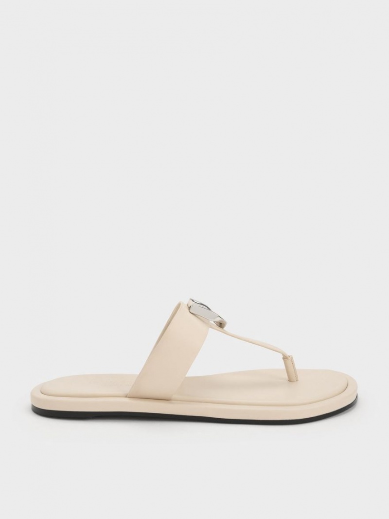 Charles And Keith Gabine Leather Thong Flat Sandals Cream | PHILIPPINES D289