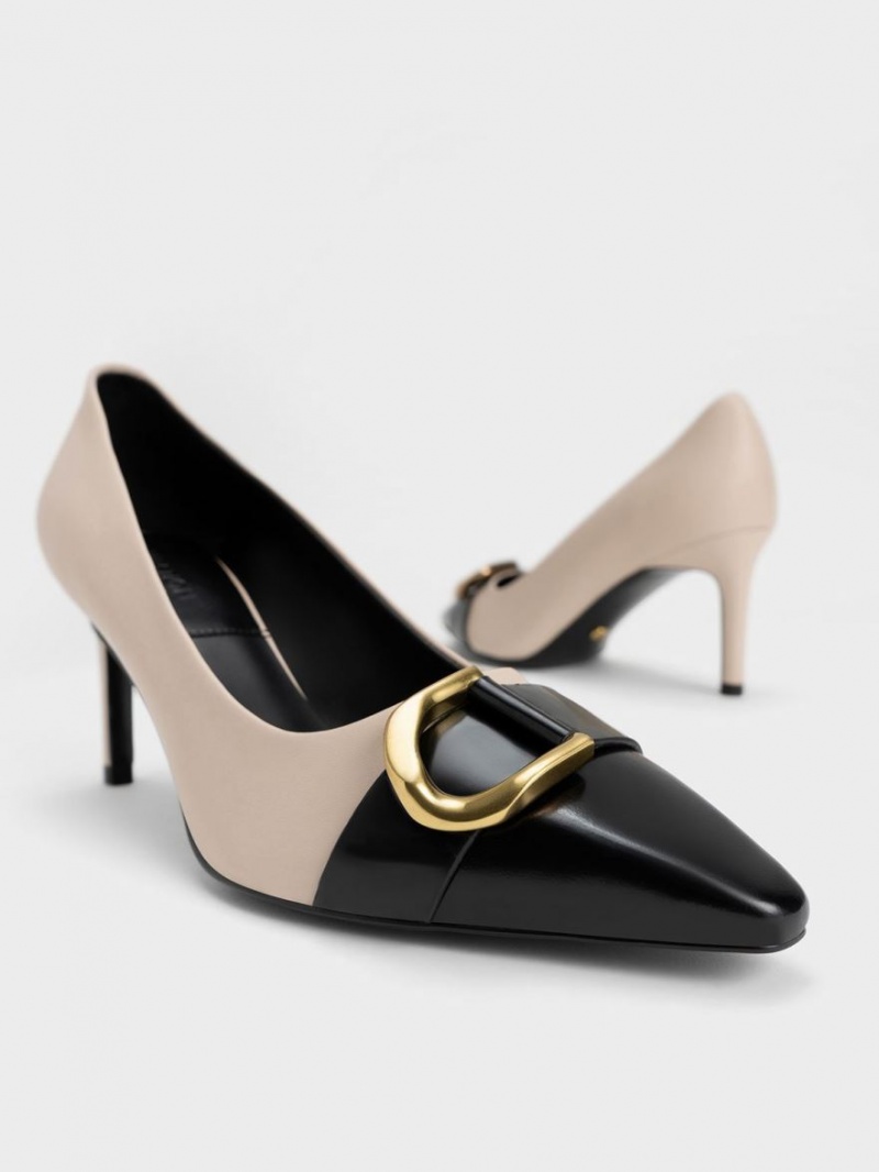 Charles And Keith Gabine Leather Toe-Cap Pumps Beige | PHILIPPINES B657