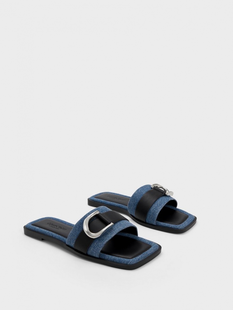 Charles And Keith Gabine Leather & Denim Slide Sandals Blue | PHILIPPINES A513