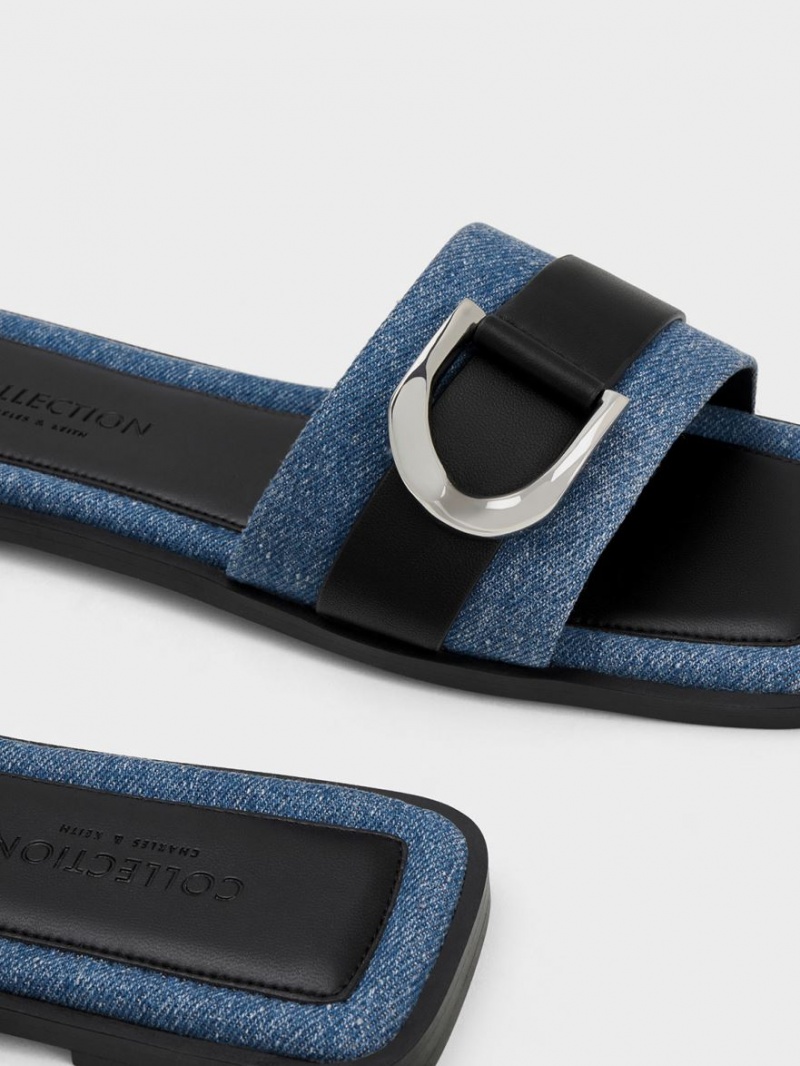 Charles And Keith Gabine Leather & Denim Slide Sandals Blue | PHILIPPINES A513