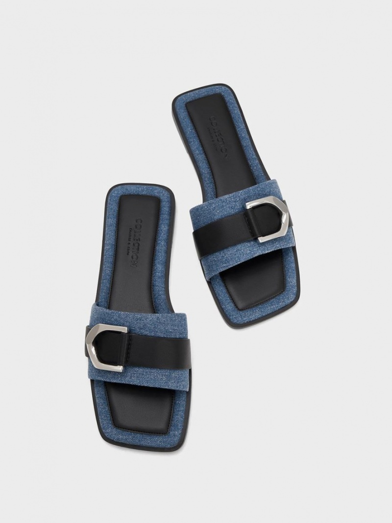 Charles And Keith Gabine Leather & Denim Slide Sandals Blue | PHILIPPINES A513