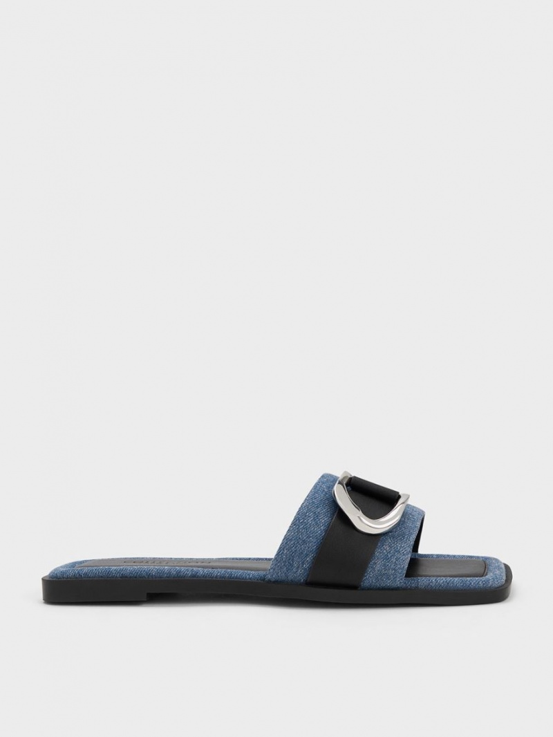 Charles And Keith Gabine Leather & Denim Slide Sandals Blue | PHILIPPINES A513