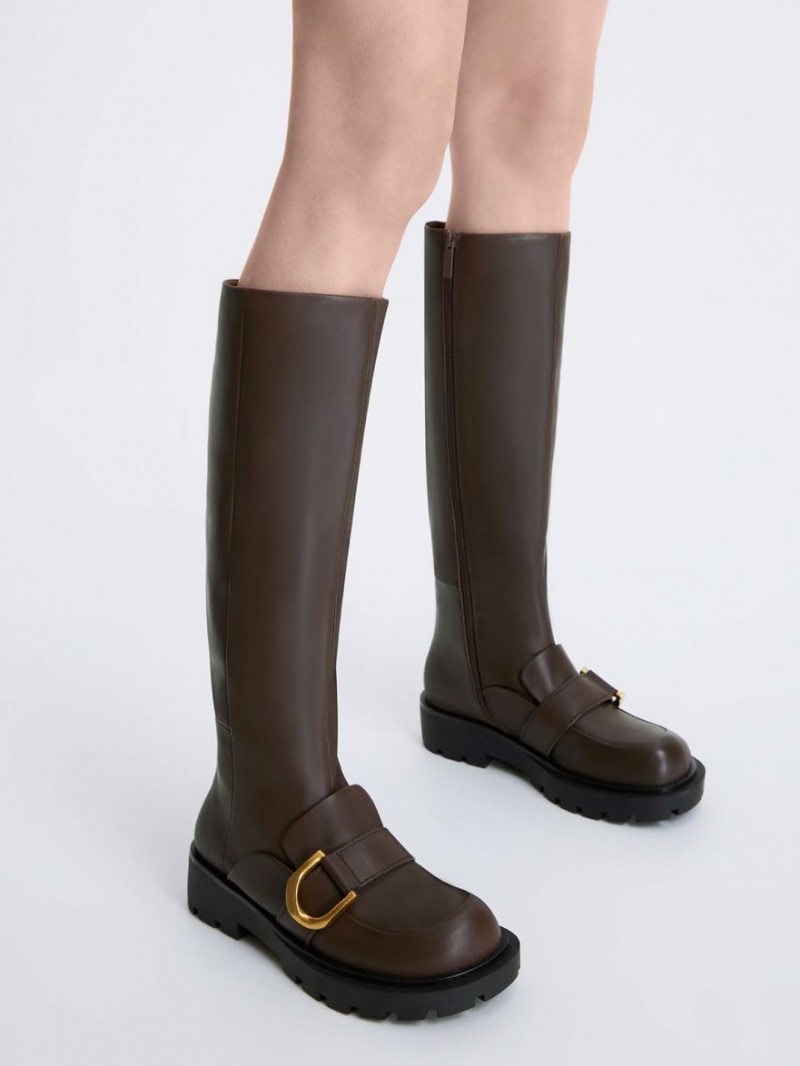 Charles And Keith Gabine Loafer Knee-high Boots Dark Brown | PHILIPPINES L392