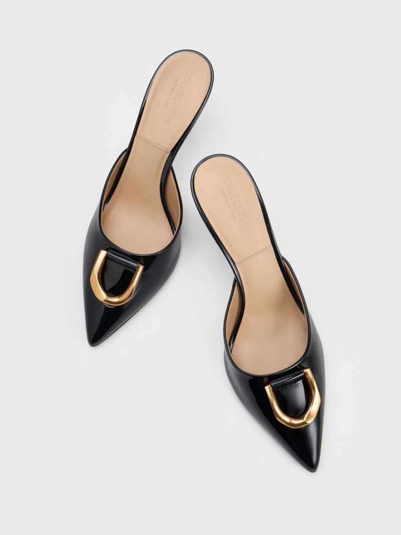 Charles And Keith Gabine Patent Leather Mules Black | PHILIPPINES S754