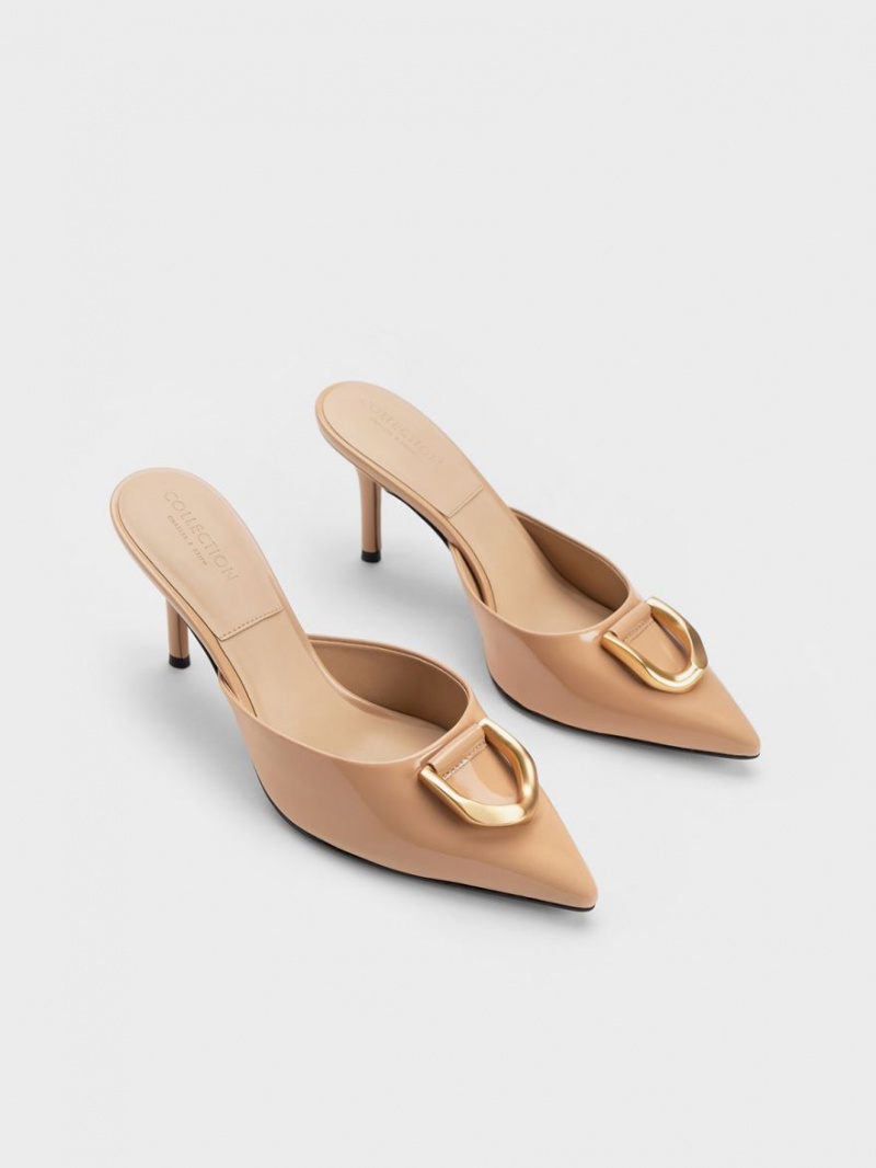 Charles And Keith Gabine Patent Leather Mules Beige | PHILIPPINES I924