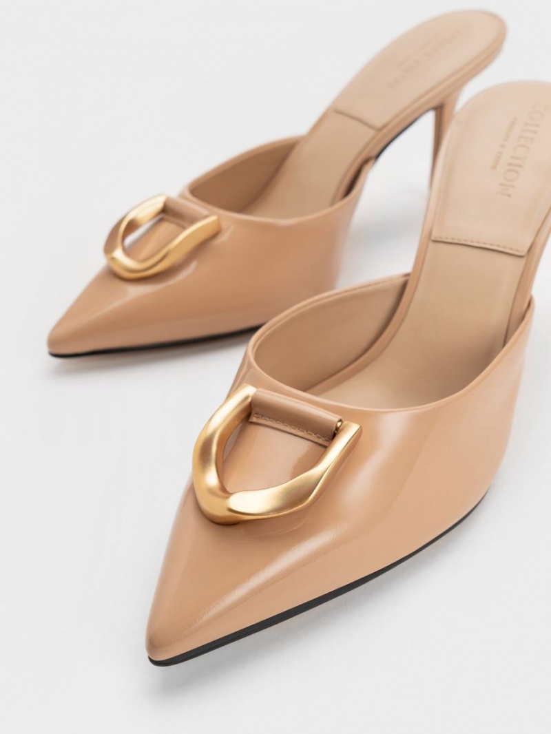 Charles And Keith Gabine Patent Leather Mules Beige | PHILIPPINES I924