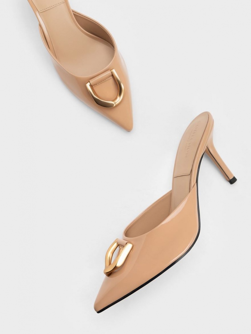 Charles And Keith Gabine Patent Leather Mules Beige | PHILIPPINES I924