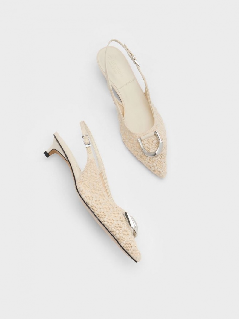 Charles And Keith Gabine Patterned Slingback Pumps Cream | PHILIPPINES P832