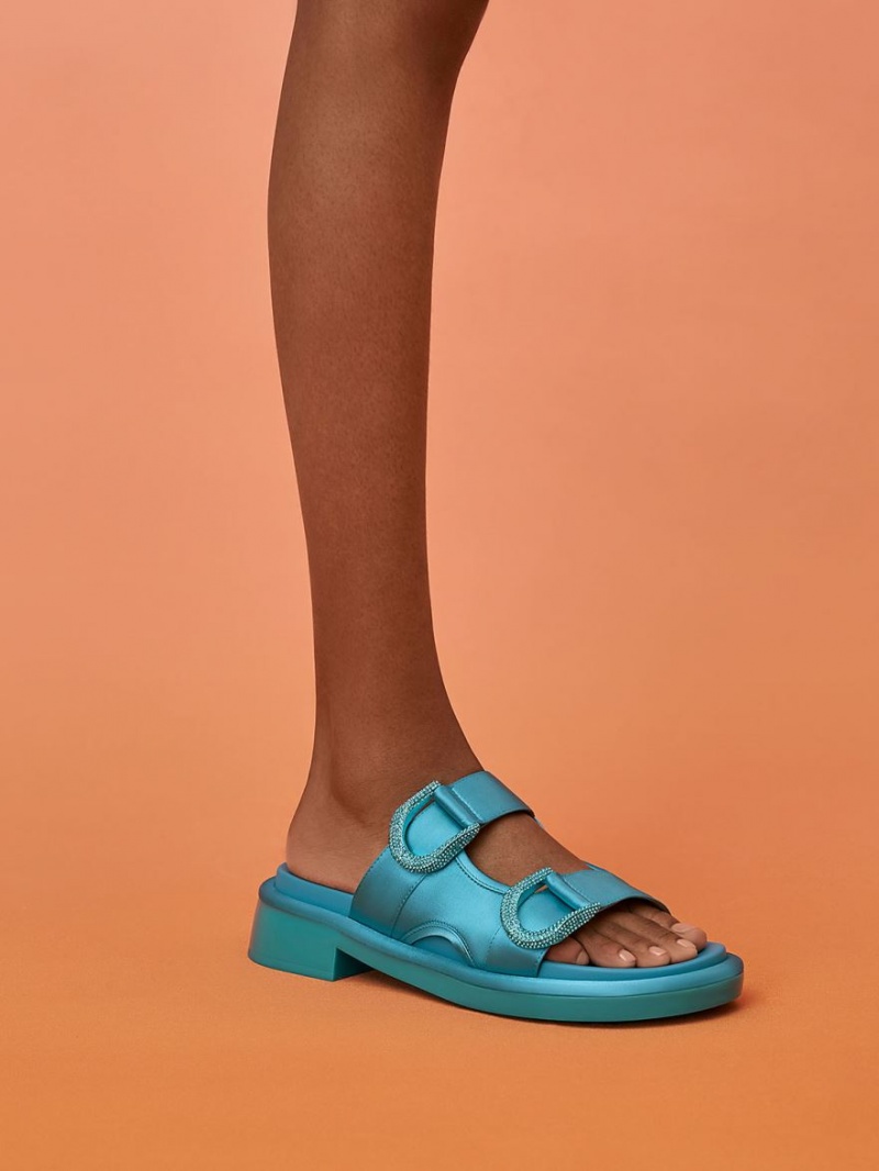 Charles And Keith Gabine Recycled Polyester Slides Turquoise | PHILIPPINES L485