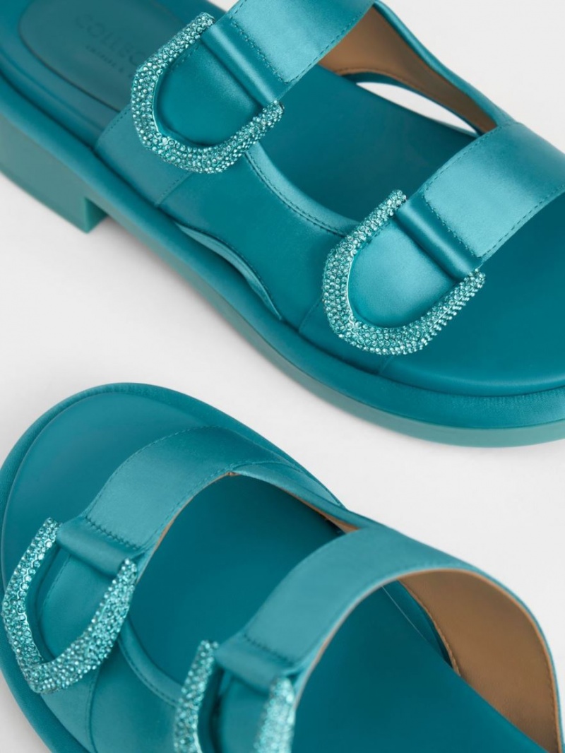 Charles And Keith Gabine Recycled Polyester Slides Turquoise | PHILIPPINES L485