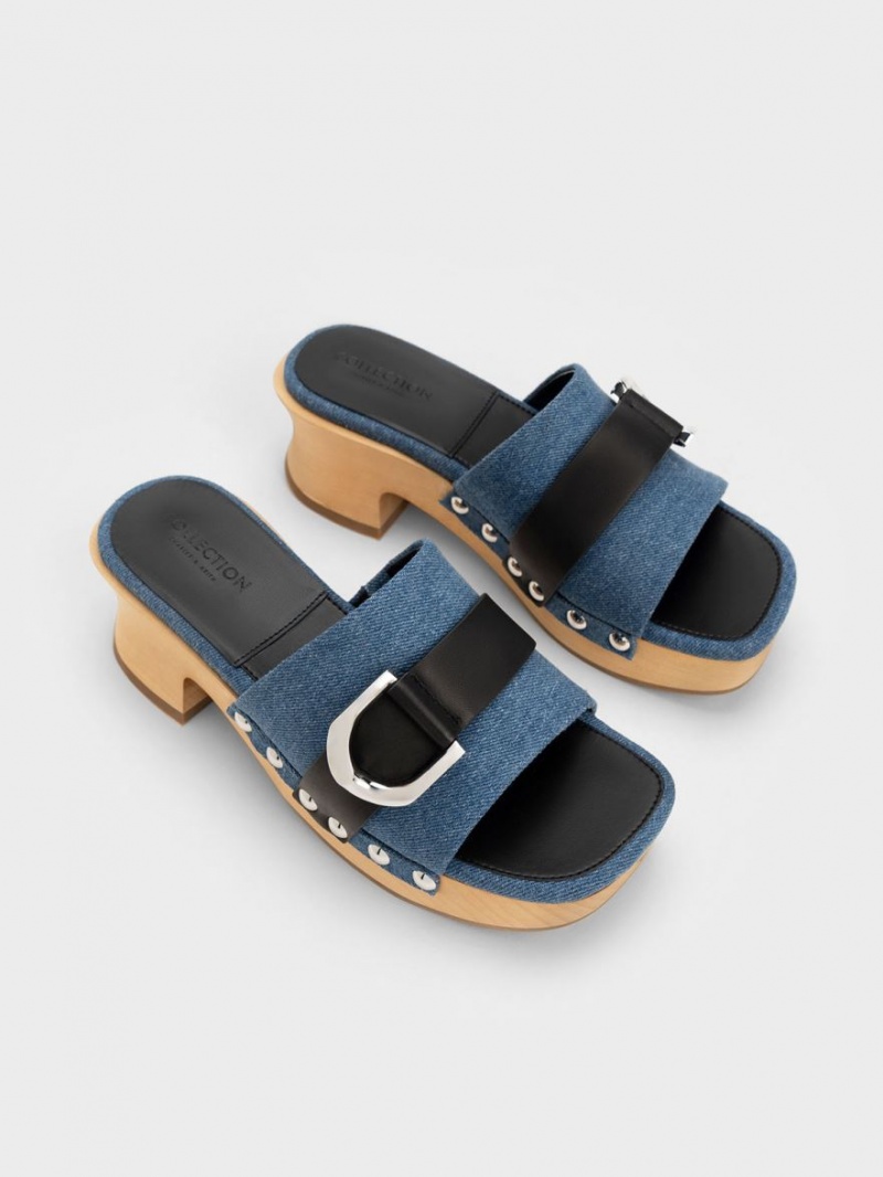 Charles And Keith Gabine Studded Denim & Leather Clogs Blue | PHILIPPINES S028