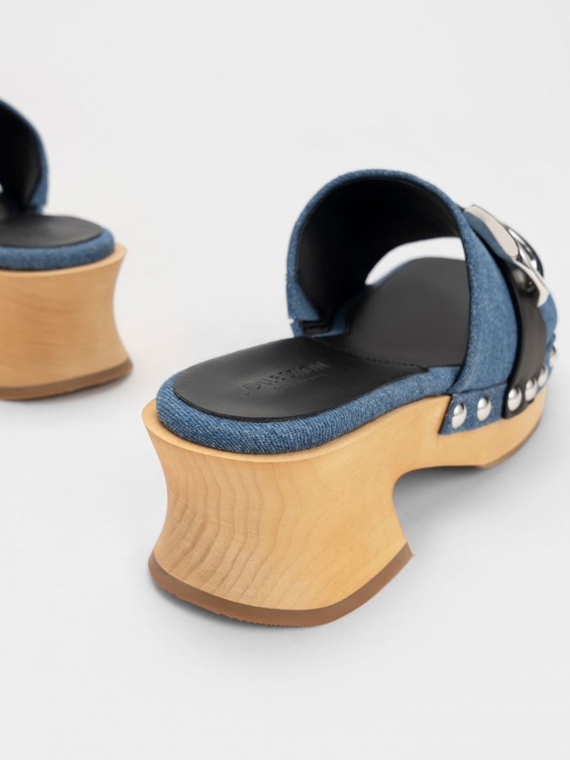 Charles And Keith Gabine Studded Denim & Leather Clogs Blue | PHILIPPINES S028