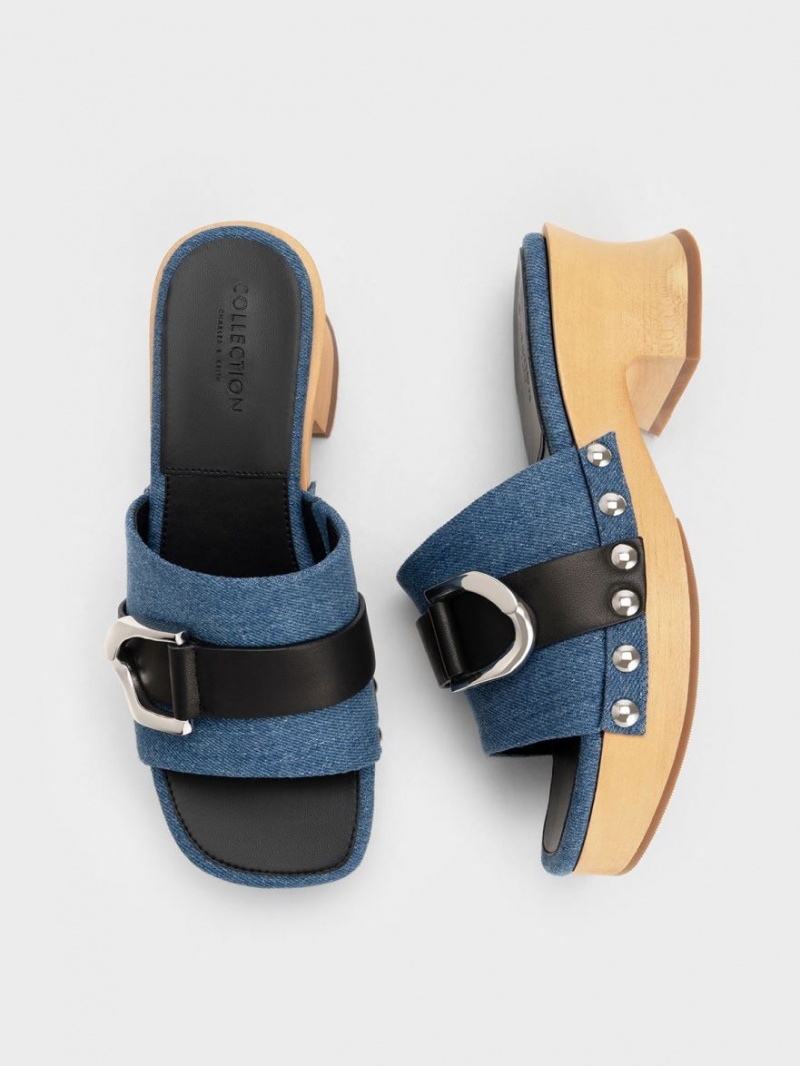 Charles And Keith Gabine Studded Denim & Leather Clogs Blue | PHILIPPINES S028