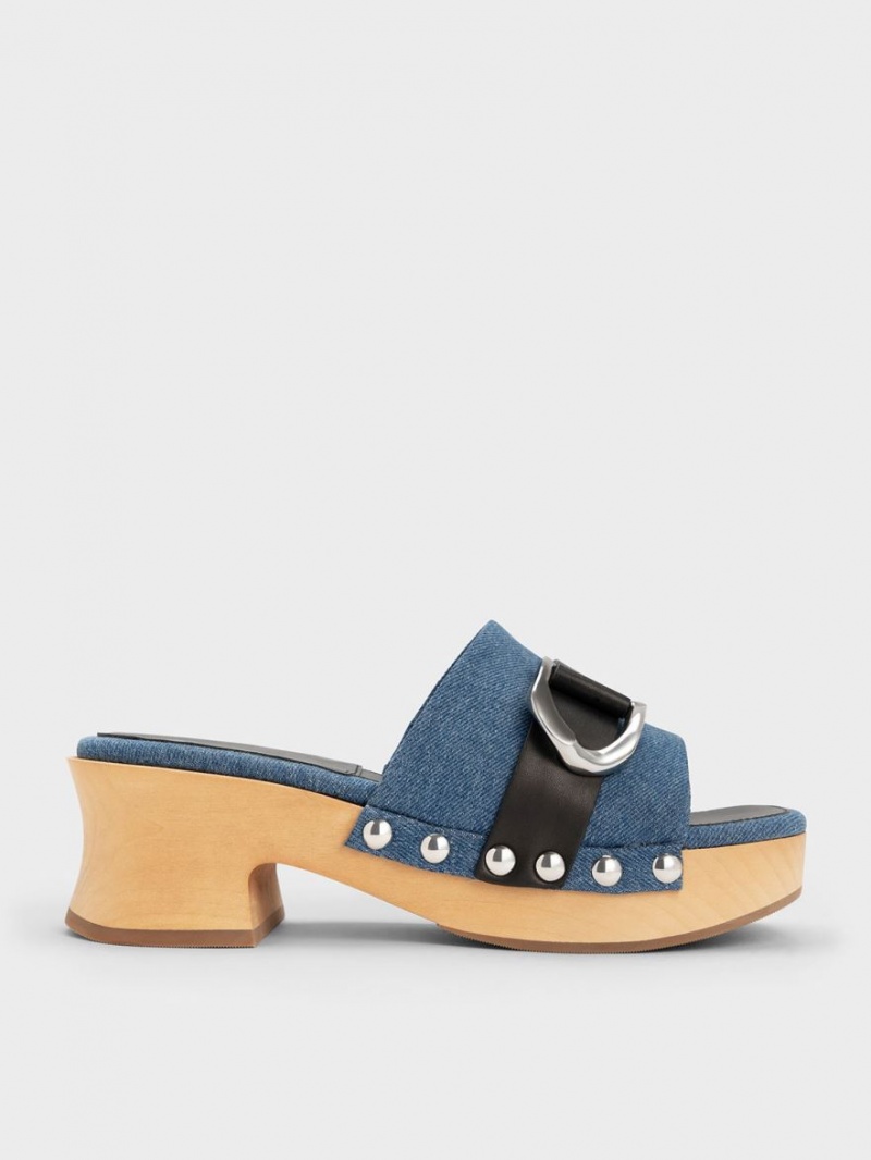 Charles And Keith Gabine Studded Denim & Leather Clogs Blue | PHILIPPINES S028