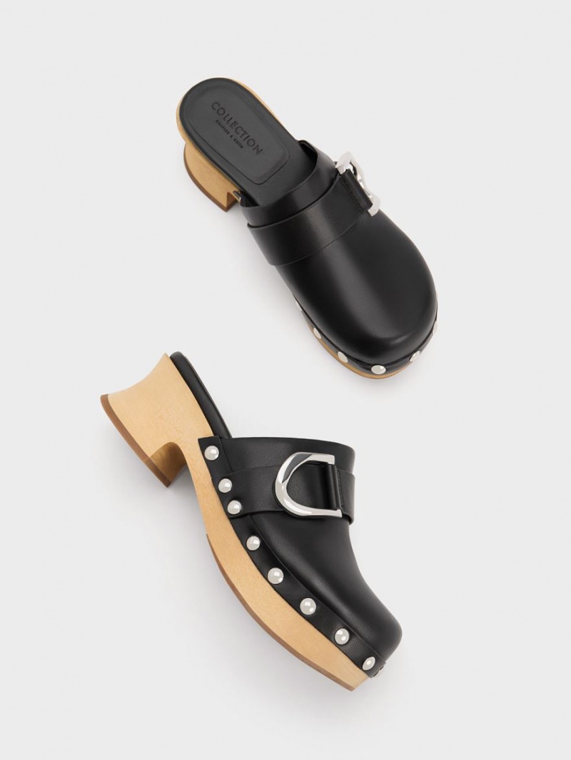 Charles And Keith Gabine Studded Leather Clogs Black | PHILIPPINES O318