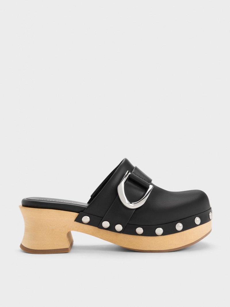 Charles And Keith Gabine Studded Leather Clogs Black | PHILIPPINES O318