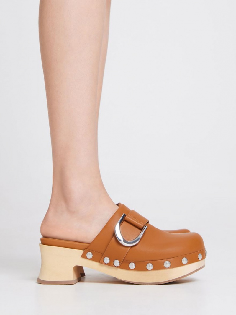 Charles And Keith Gabine Studded Leather Clogs Brown | PHILIPPINES B964