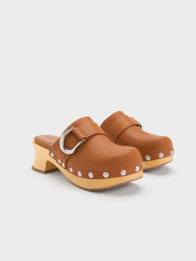 Charles And Keith Gabine Studded Leather Clogs Brown | PHILIPPINES B964