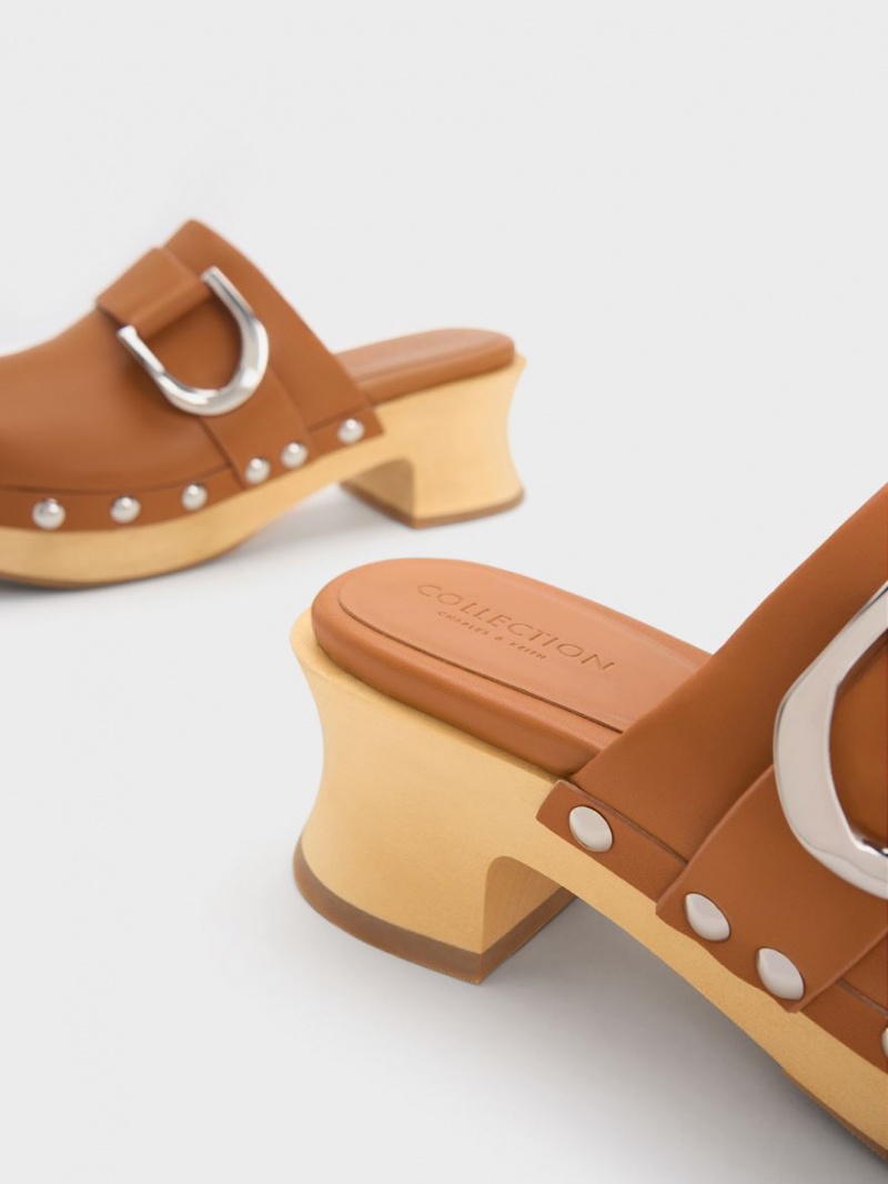 Charles And Keith Gabine Studded Leather Clogs Brown | PHILIPPINES B964