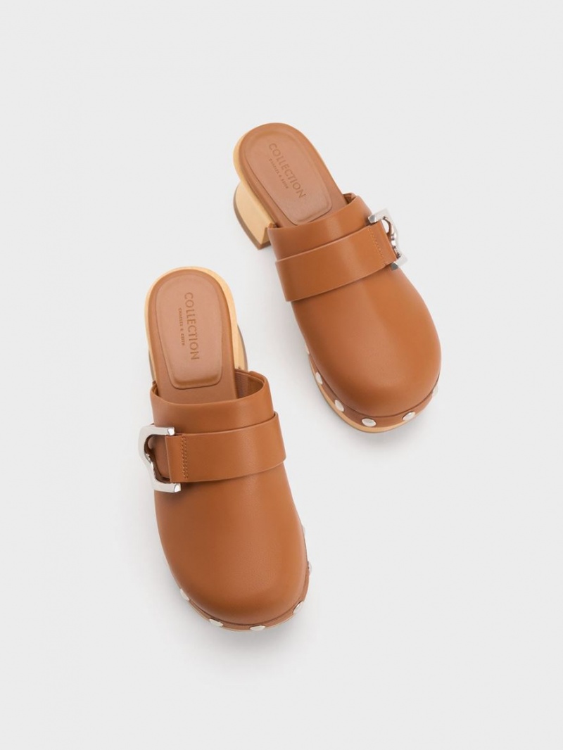 Charles And Keith Gabine Studded Leather Clogs Brown | PHILIPPINES B964