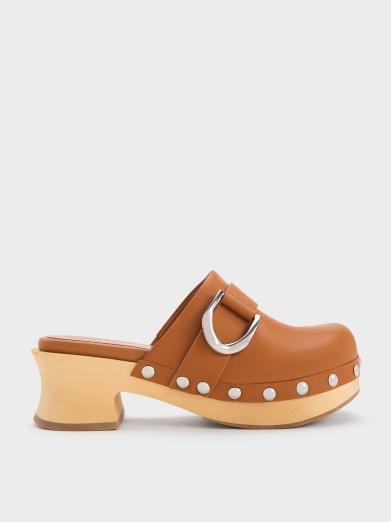 Charles And Keith Gabine Studded Leather Clogs Brown | PHILIPPINES B964