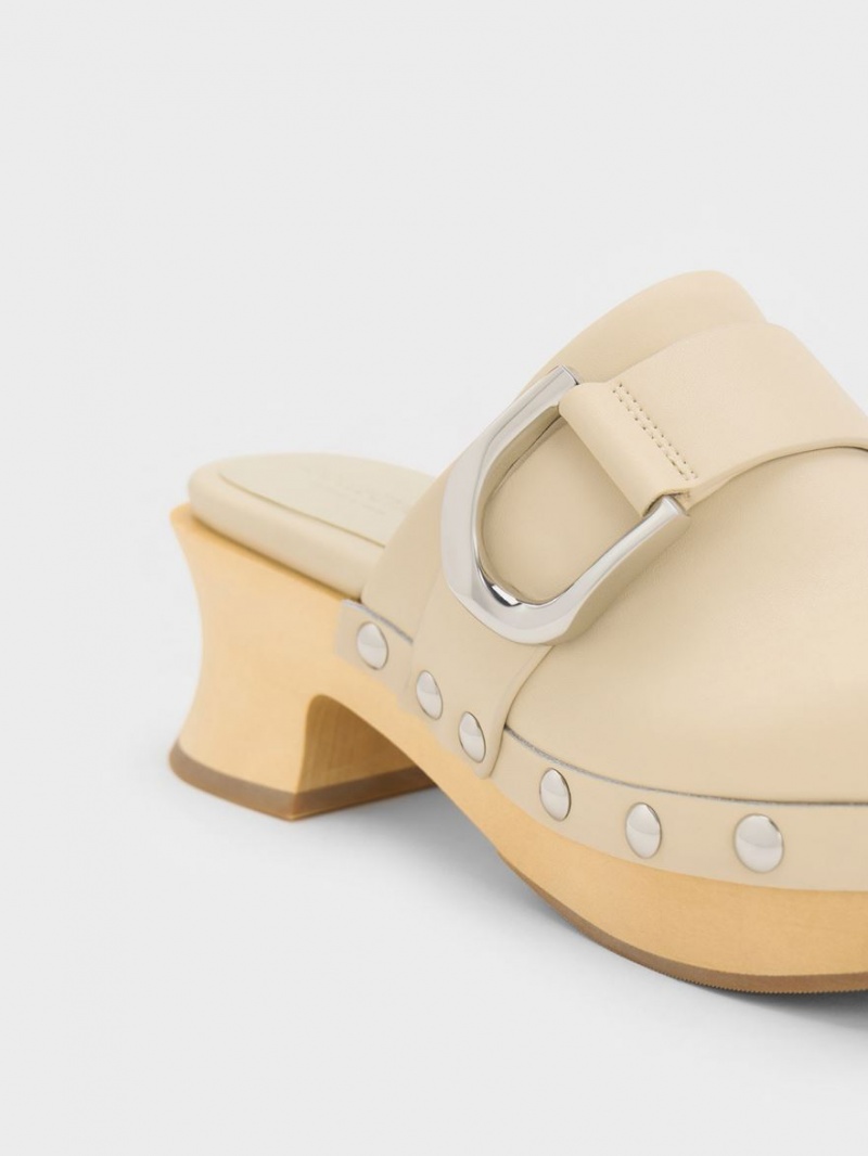 Charles And Keith Gabine Studded Leather Clogs Beige | PHILIPPINES N208