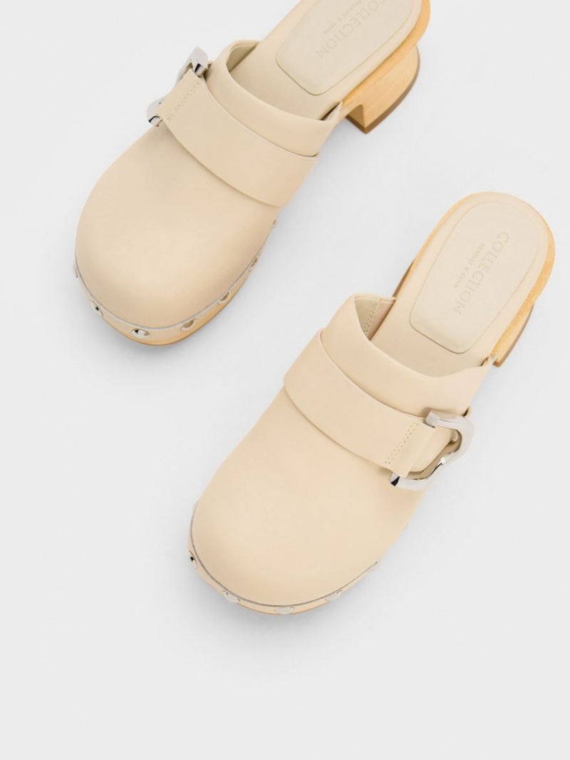 Charles And Keith Gabine Studded Leather Clogs Beige | PHILIPPINES N208