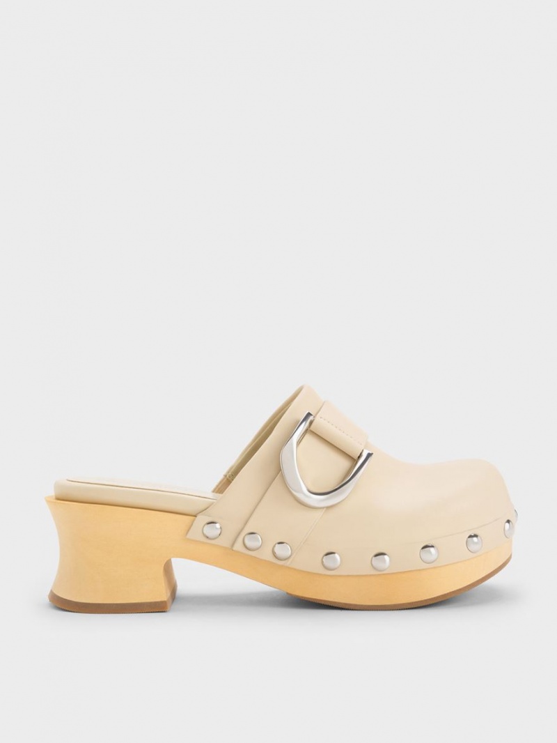 Charles And Keith Gabine Studded Leather Clogs Beige | PHILIPPINES N208