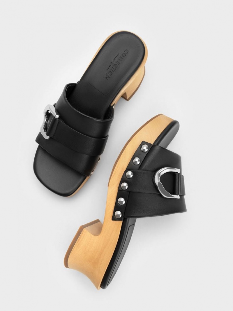 Charles And Keith Gabine Studded Leather Clogs Black | PHILIPPINES Y854